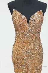 Mermaid Strapless Gold Sequin Semi Formal Prom Dresses