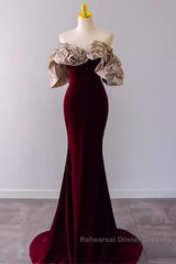 Mermaid Strapless Wine Red Long Semi Formal Prom Dress