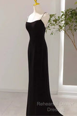 Mermaid Straps Black Velvet Long Semi Formal Prom Dresses