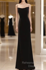 Mermaid Straps Black Velvet Long Semi Formal Prom Dresses