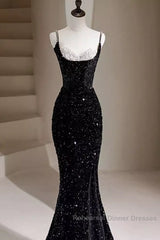 Mermaid Straps Long Black Sequin Semi Formal Prom Dresses