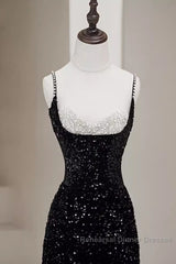 Mermaid Straps Long Black Sequin Semi Formal Prom Dresses