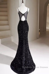 Mermaid Straps Long Black Sequin Semi Formal Prom Dresses