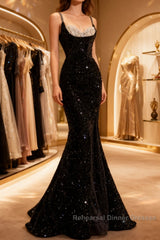 Mermaid Straps Long Black Sequin Semi Formal Prom Dresses