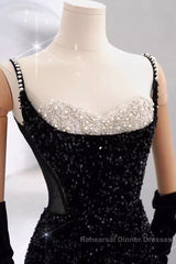 Mermaid Straps Sequin Black Backless Long Semi Formal Prom Dresses