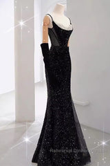 Mermaid Straps Sequin Black Backless Long Semi Formal Prom Dresses