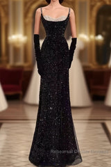 Mermaid Straps Sequin Black Backless Long Semi Formal Prom Dresses
