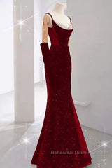 Mermaid Straps Sequin Red Backless Long Semi Formal Prom Dresses