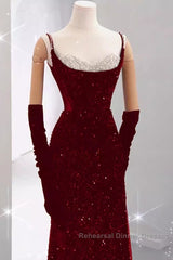 Mermaid Straps Sequin Red Backless Long Semi Formal Prom Dresses
