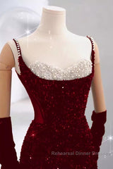 Mermaid Straps Sequin Red Backless Long Semi Formal Prom Dresses
