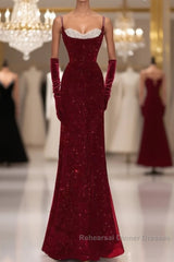 Mermaid Straps Sequin Red Backless Long Semi Formal Prom Dresses