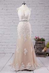 Mermaid Sweep Train Open Back Tulle Semi Formal Prom Appliques Wedding Dress