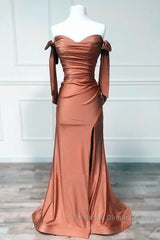 Mermaid Terracotta Ruched Split Satin Dress