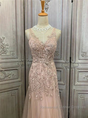 Mermaid / Trumpet Semi Formal Prom Dresses Maxi Dress Party Wear Sweep / Brush Train Sleeveless V Neck Tulle With Appliques