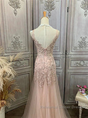 Mermaid / Trumpet Semi Formal Prom Dresses Maxi Dress Party Wear Sweep / Brush Train Sleeveless V Neck Tulle With Appliques