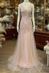 Mermaid / Trumpet Semi Formal Prom Dresses Maxi Dress Party Wear Sweep / Brush Train Sleeveless V Neck Tulle With Appliques