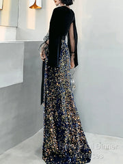 Mermaid / Trumpet Sparkle Gothic Semi Formal Prom Formal Evening Dress V Neck Long Sleeve Floor Length Sequined Velvet With Sash / Ribbon Sequin
