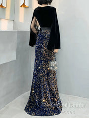 Mermaid / Trumpet Sparkle Gothic Semi Formal Prom Formal Evening Dress V Neck Long Sleeve Floor Length Sequined Velvet With Sash / Ribbon Sequin