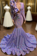 Mermaid V-Neck Appliques Lace Sequined Open Back Floor-Length Long Sleeve Semi Formal Prom Dress