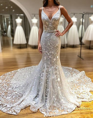 Mermaid V Neck Backless White Lace Long Semi Formal Prom Dresses, Mermaid Ivory Lace Formal Dresses, Ivory Lace Evening Dresses