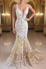 Mermaid V Neck Champagne Lace Semi Formal Prom Dresses, Mermaid Champagne Formal Dresses, Champagne Lace Evening Dresses