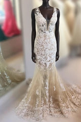 Mermaid V Neck Champagne Lace Semi Formal Prom Dress, Mermaid Champagne Formal Dress