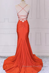 Mermaid V Neck Orange Semi Formal Prom Dresses Spaghetti Straps