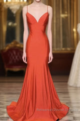 Mermaid V Neck Orange Semi Formal Prom Dresses Spaghetti Straps