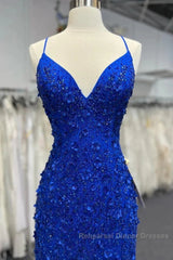 Mermaid V Neck Royal Blue Beade Applique Tulle Long Semi Formal Prom Dress, Evening Dress