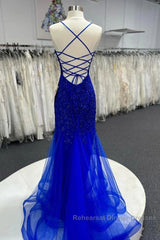 Mermaid V Neck Royal Blue Beade Applique Tulle Long Semi Formal Prom Dress, Evening Dress