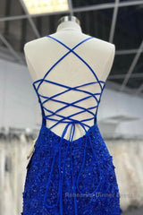 Mermaid V Neck Royal Blue Beade Applique Tulle Long Semi Formal Prom Dress, Evening Dress