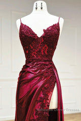 Mermaid V Neck Satin Lace Burgundy Long Semi Formal Prom Dress, Burgundy Long Formal Dress