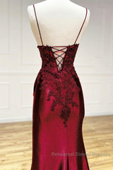 Mermaid V Neck Satin Lace Burgundy Long Semi Formal Prom Dress, Burgundy Long Formal Dress