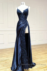 Mermaid V Neck Satin Lace Burgundy Long Semi Formal Prom Dress, Burgundy Long Formal Dress