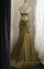 Mermaid V-Neck Satin Long Semi Formal Prom Dress Elegant Spaghetti Strap Formal Dress