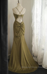 Mermaid V-Neck Satin Long Semi Formal Prom Dress Elegant Spaghetti Strap Formal Dress