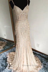 Mermaid V Neck Sequined Black Semi Formal Prom Dresses Spaghetti Straps