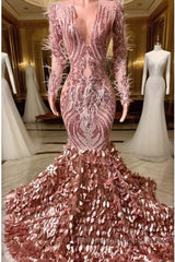Mermaid V-neck Sequined Floor-length Long Sleeve Lace Semi Formal Prom Dresses With Feather