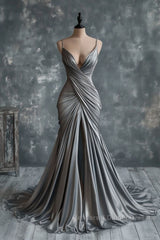 Mermaid V Neck Silver Spaghetti Straps Satin Long Semi Formal Prom Dress Sexy Evening Dress