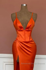Mermaid V-Neck Spaghetti Straps Satin Dress With Slit