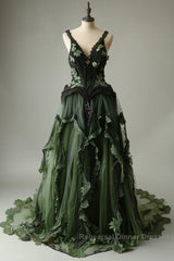 Mermaid V-Neck Tulle Applique Long Semi Formal Prom Dress Vintage Lace Formal Evening Dress