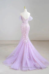 Mermaid V Neck Tulle Sequin Purple Long Semi Formal Prom Dress Formal Dress