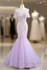 Mermaid V Neck Tulle Sequin Purple Long Semi Formal Prom Dress Formal Dress