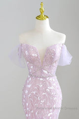Mermaid V Neck Tulle Sequin Purple Long Semi Formal Prom Dress, Purple Long Formal Dress