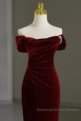 Mermaid Velvet Burgundy Long Semi Formal Prom Dress, Burgundy Long Evening Dress