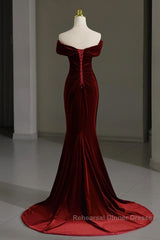 Mermaid Velvet Burgundy Long Semi Formal Prom Dress, Burgundy Long Evening Dress