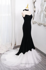 Mermaid Velvet Tulle Black Long Semi Formal Prom Dress, Black Long Formal Dress