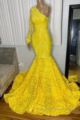 Mermaid Yellow One Shoulder Long Sleeve Semi Formal Prom Dress