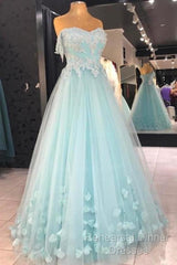 Mint Blue Sweetheart Tulle With Lace And Flowers Formal Dress, Tulle Long Semi Formal Prom Dress Party Dress