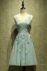 Mint Green Tulle Short Lace Beaded Knee Length Wedding Party Dress, Lovely Homecoming Dress Semi Formal Prom Dress